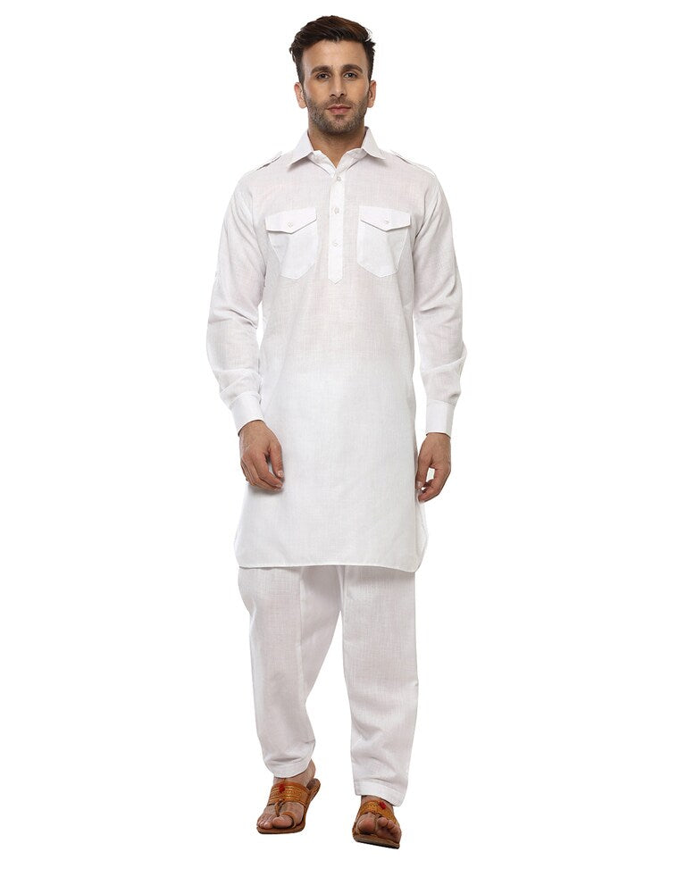 White Cotton Solid Pathani Kurta Pyjama Set