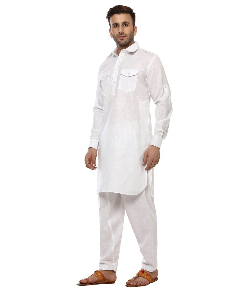 White Cotton Solid Pathani Kurta Pyjama Set