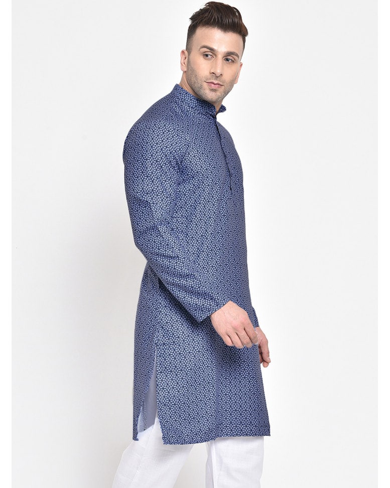 Blue Blended Printed Regular Kurta