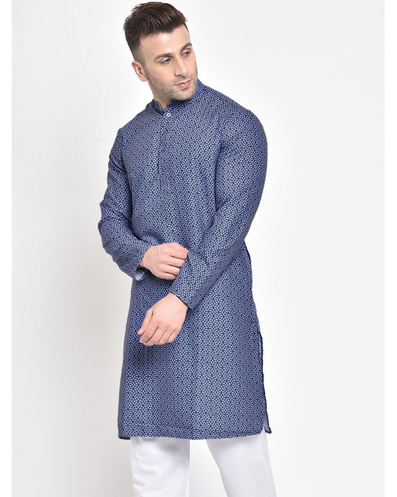 Blue Blended Printed Regular Kurta