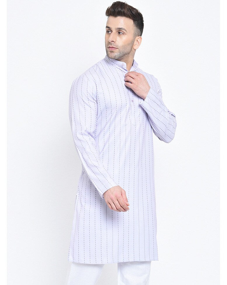 White Blended Printed Regular Kurta