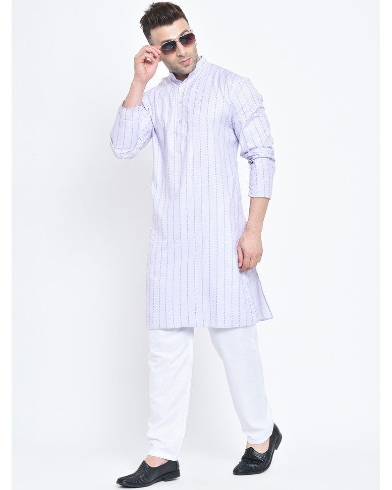 White Blended Printed Regular Kurta