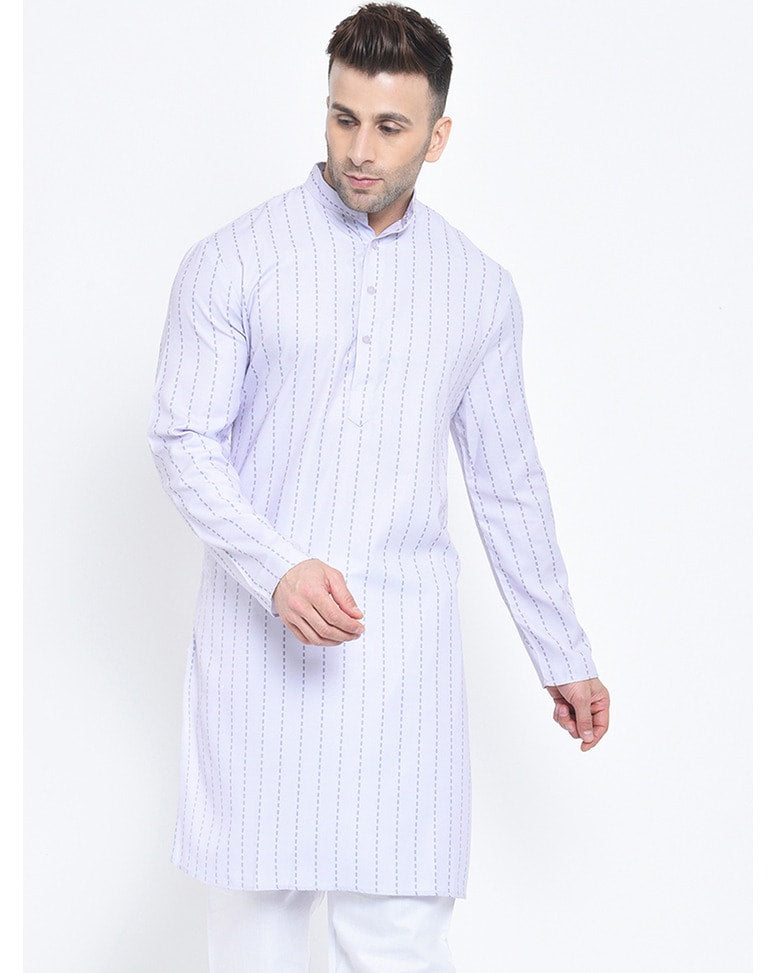 White Blended Printed Regular Kurta