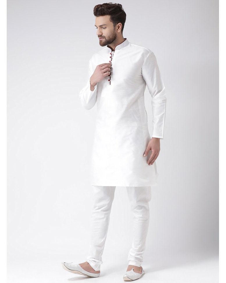 White Blended Solid Kurta Pyjama Set