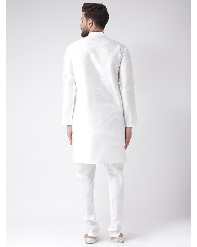 White Blended Solid Kurta Pyjama Set