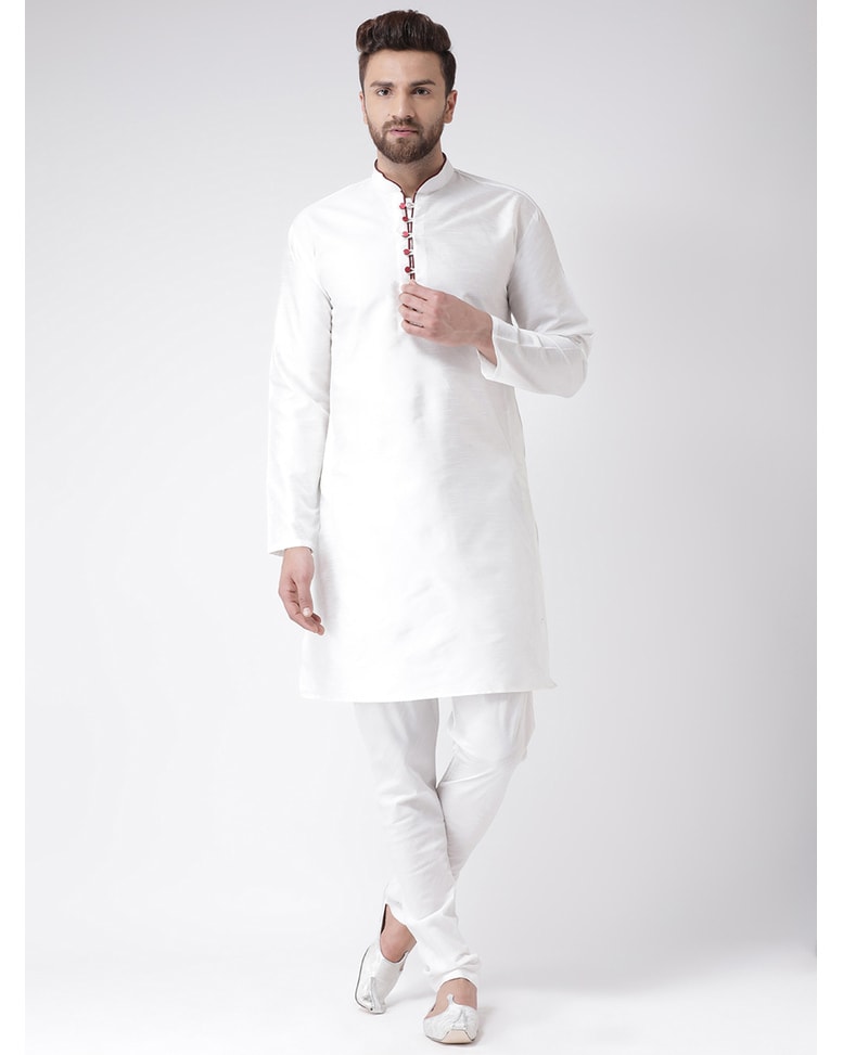 White Blended Solid Kurta Pyjama Set