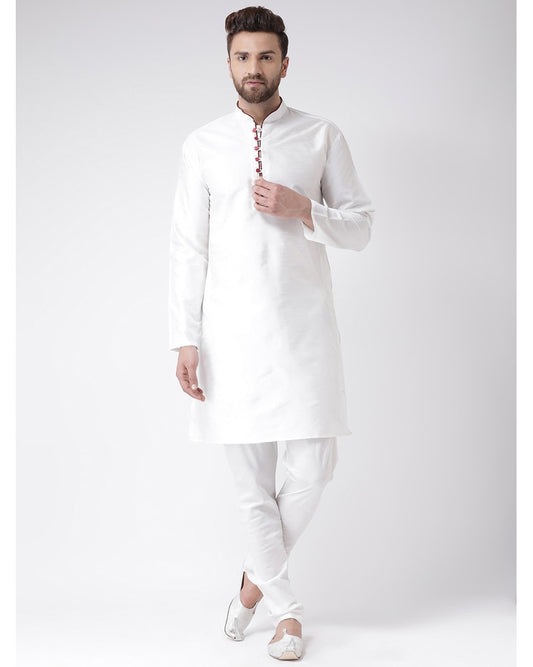 White Blended Solid Kurta Pyjama Set