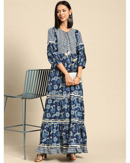 Blue Cotton Printed Fit & Flare Dress