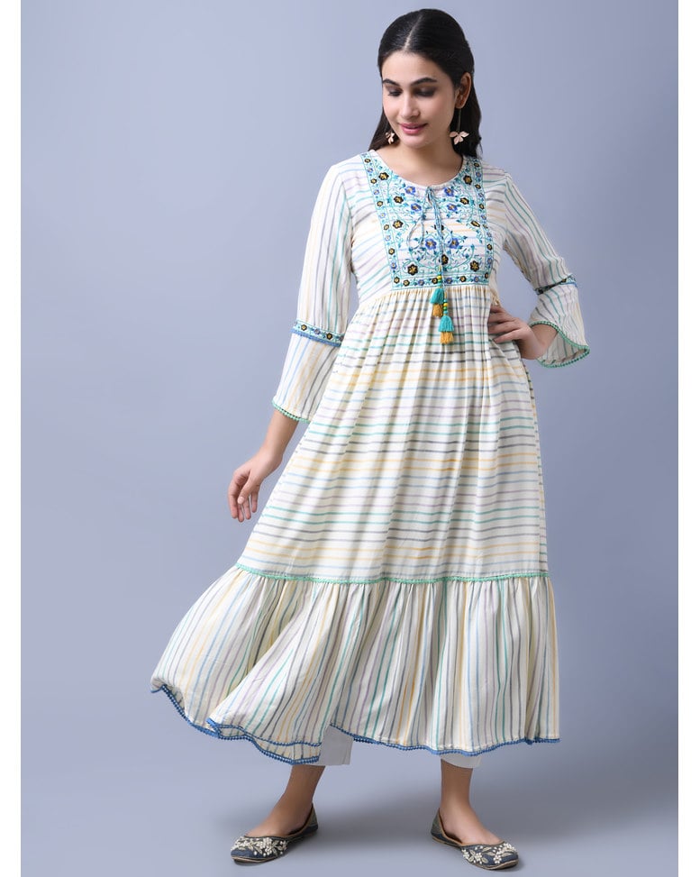 White Rayon Embroidered Fit and Flare Dress Anokhi.mu