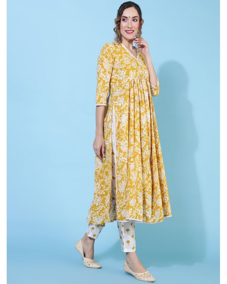 Mustard Floral Printed Empire Thread Work Pure Cotton Kurta with Trousers