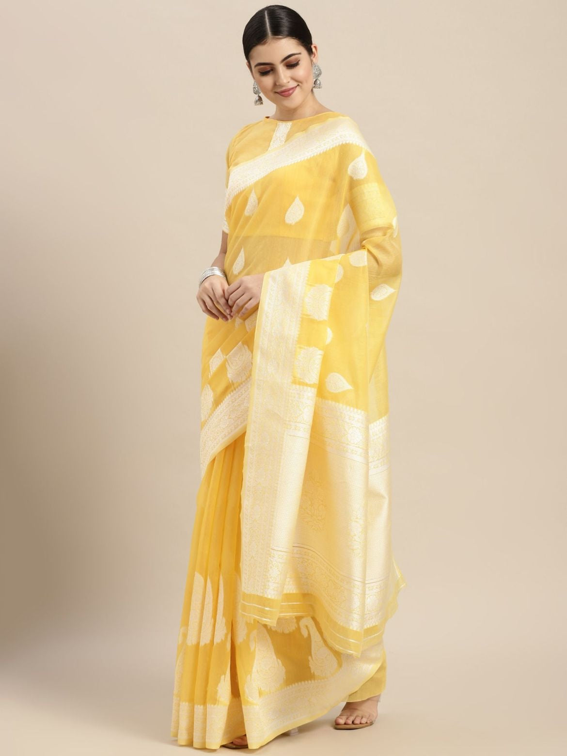 Yellow cotton Saree