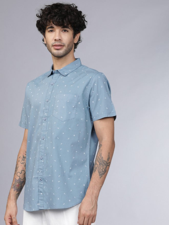 Men Blue Printed Slim Fit Casual Shirt