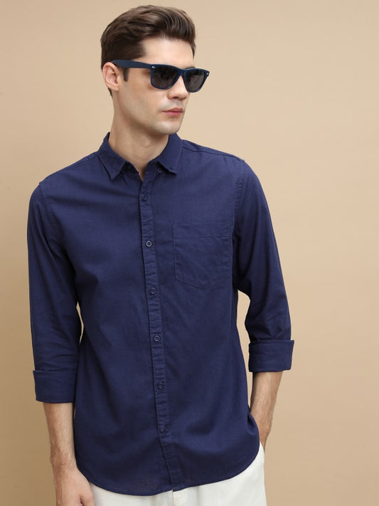 Men Blue Solid Slim Fit Casual Shirt