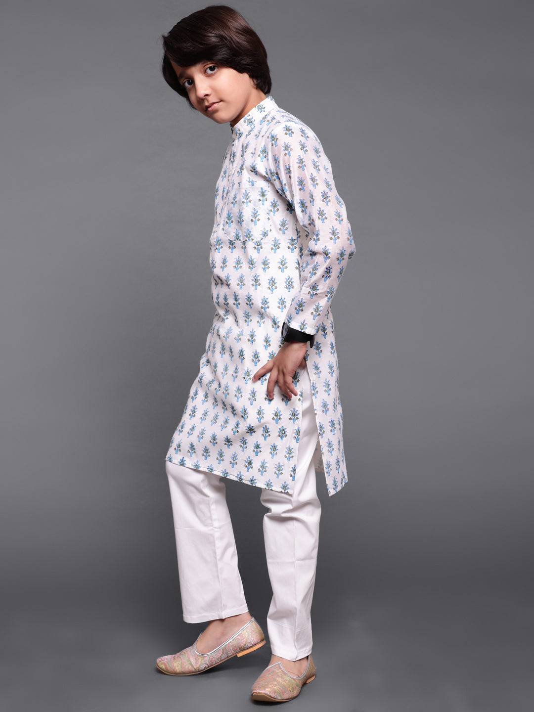 White Block Print Long Kurta Anokhi.mu