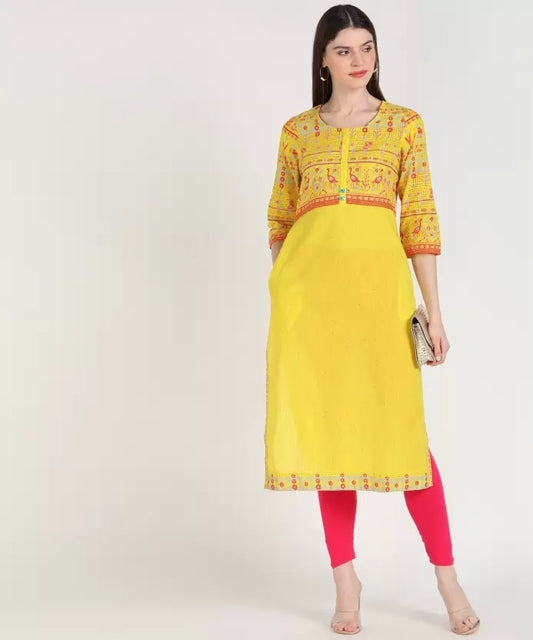 Yellow Floral Print Cotton Blend Straight Kurta