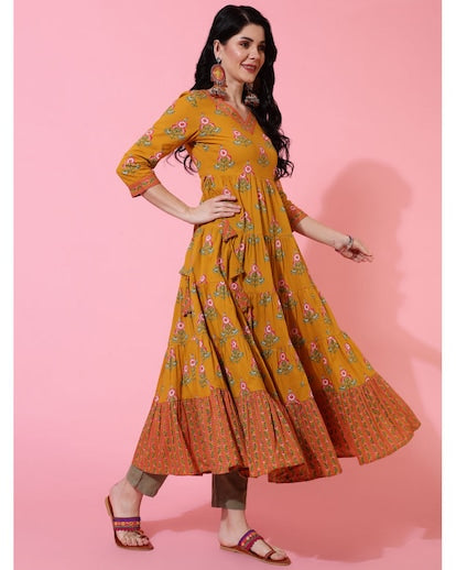 Mustard Floral Printed Cotton Anarkali Kurta