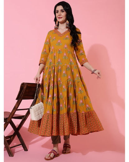 Mustard Floral Printed Cotton Anarkali Kurta