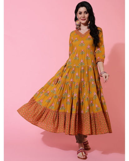 Mustard Floral Printed Cotton Anarkali Kurta