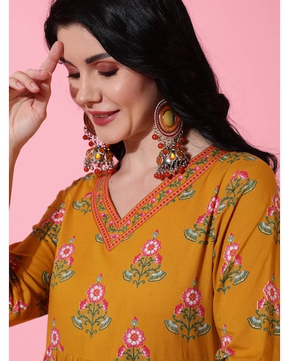 Mustard Floral Printed Cotton Anarkali Kurta