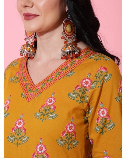 Mustard Floral Printed Cotton Anarkali Kurta