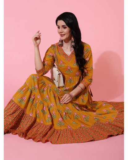 Mustard Floral Printed Cotton Anarkali Kurta