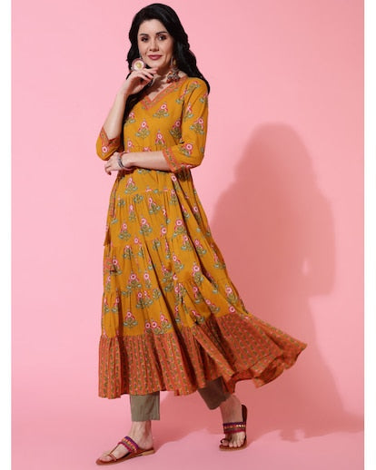 Mustard Floral Printed Cotton Anarkali Kurta