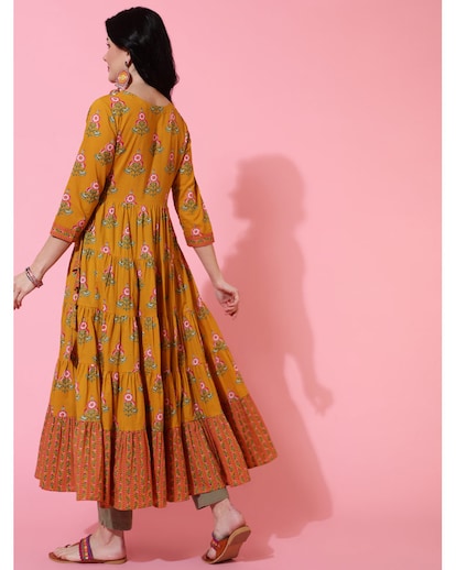 Mustard Floral Printed Cotton Anarkali Kurta