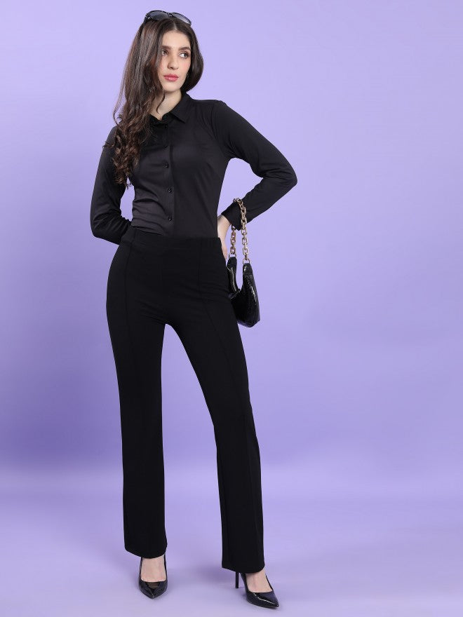 Women Black Solid Bootcut Casual Trousers