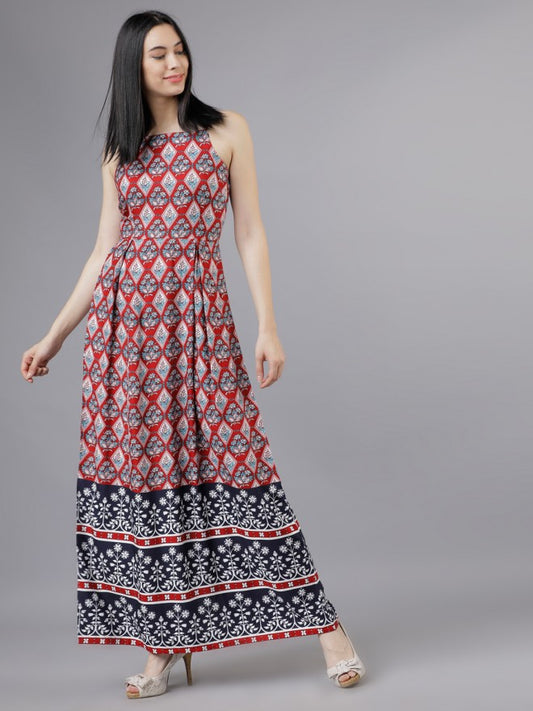 Women Maroon Printed Flared Maxi Dress