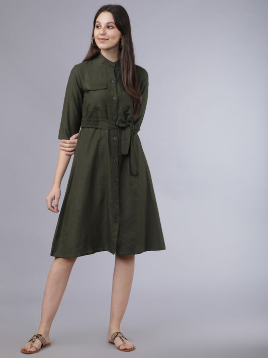 Women Olive Solid Straight A-Line Dress