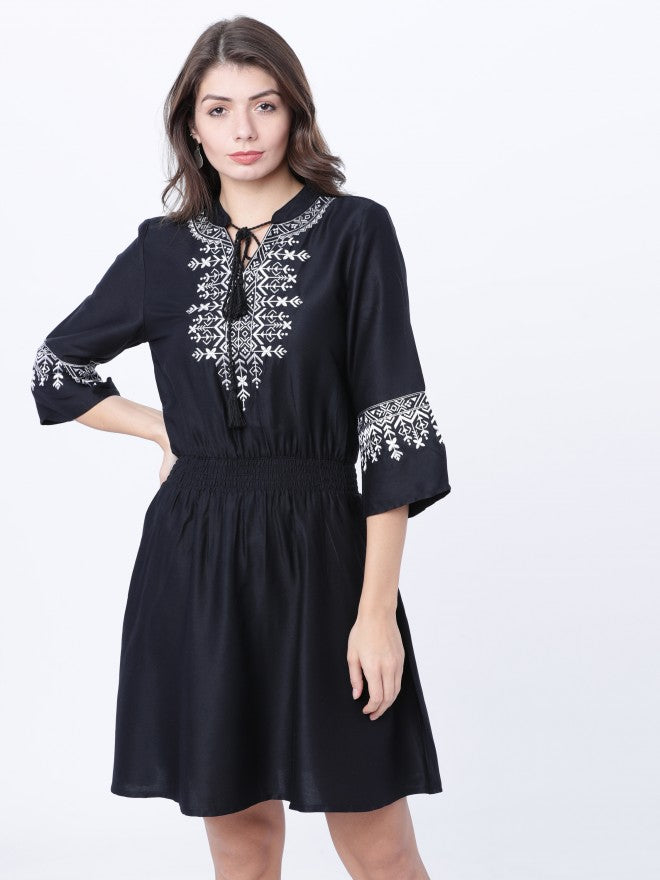 Black Embroidered Fit & Flare Dress