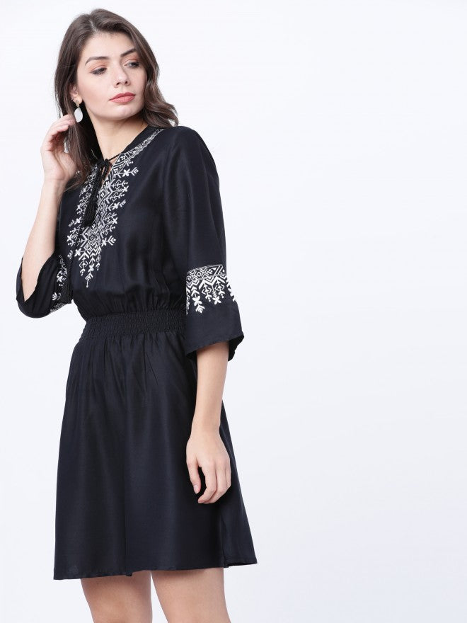 Black Embroidered Fit & Flare Dress