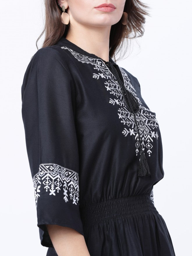 Black Embroidered Fit & Flare Dress