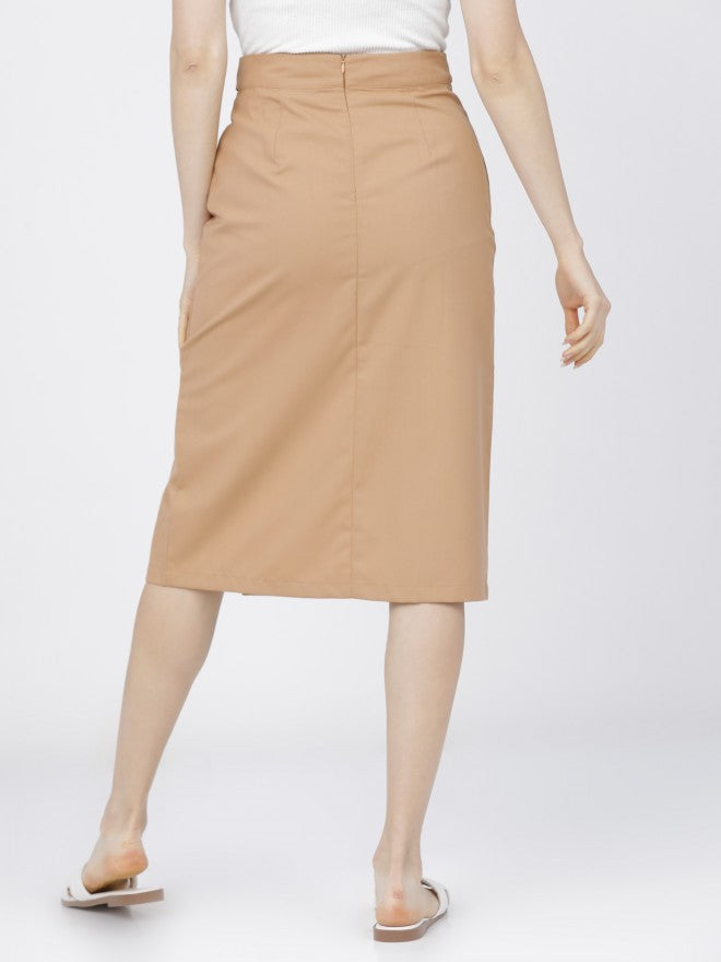 Solid Beige Midi Skirt
