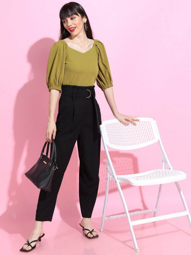 Olive Crepe Knit Volume Sleeve Sweetheart Neck Top