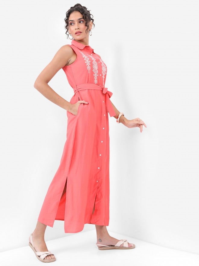 Women Coral Embroidered Maxi Dress