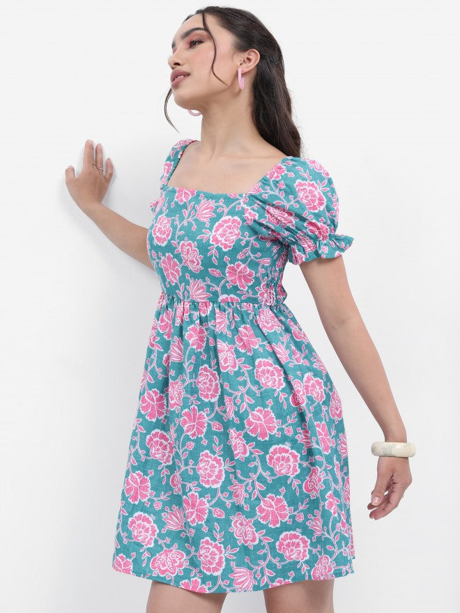 Women Turquoise Blue Printed Fit and Flare Dress