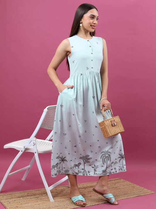 Women Pale Blue Printed A-Line Dress