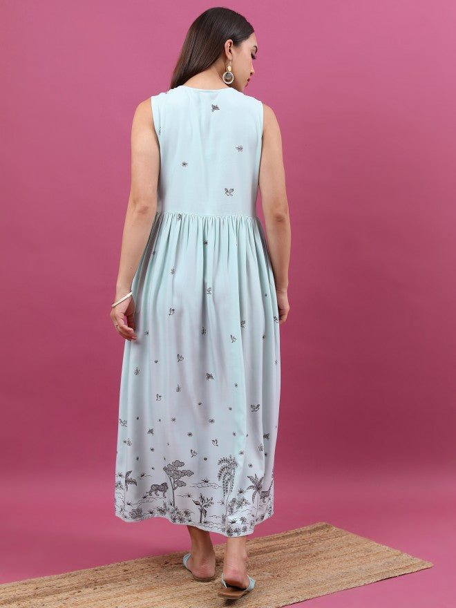 Women Pale Blue Printed A-Line Dress