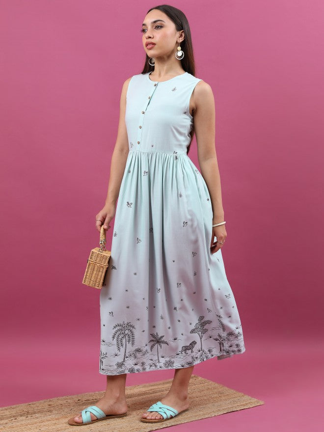 Women Pale Blue Printed A-Line Dress