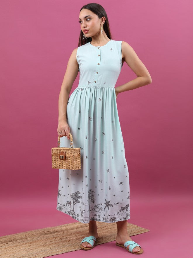 Women Pale Blue Printed A-Line Dress