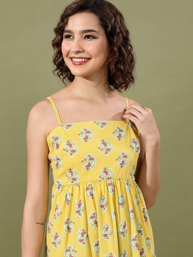 Women Yellow Printed Maxi Dress