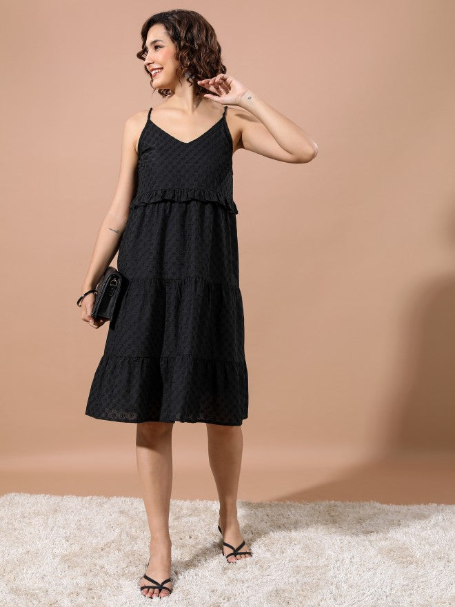 Women Black Self Design A-Line Dress