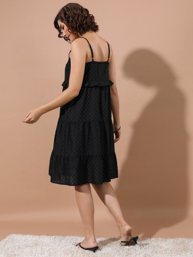 Women Black Self Design A-Line Dress