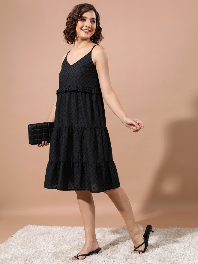 Women Black Self Design A-Line Dress