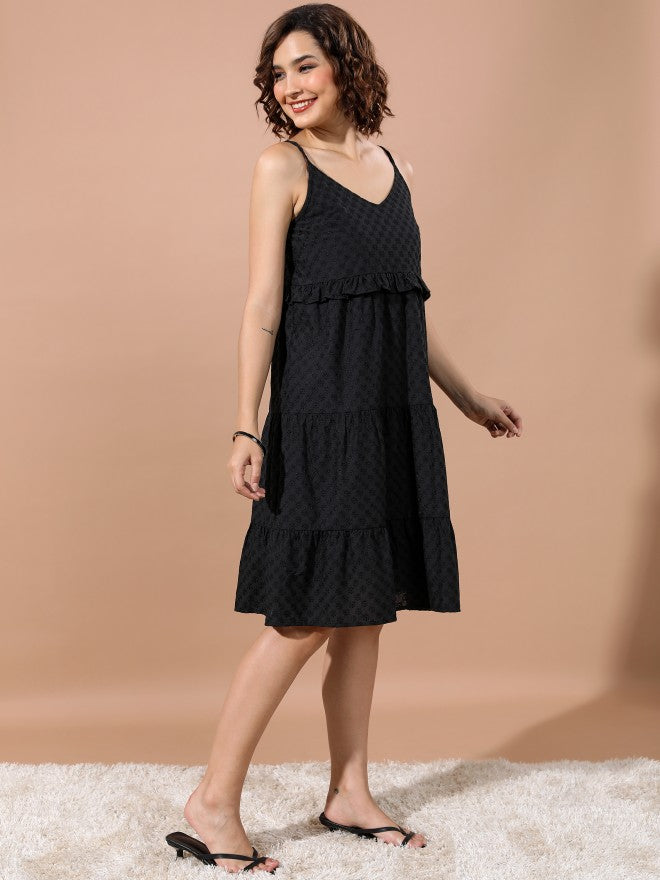 Women Black Self Design A-Line Dress