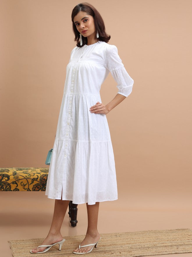 Women White Self Design Fit and Flare Dress