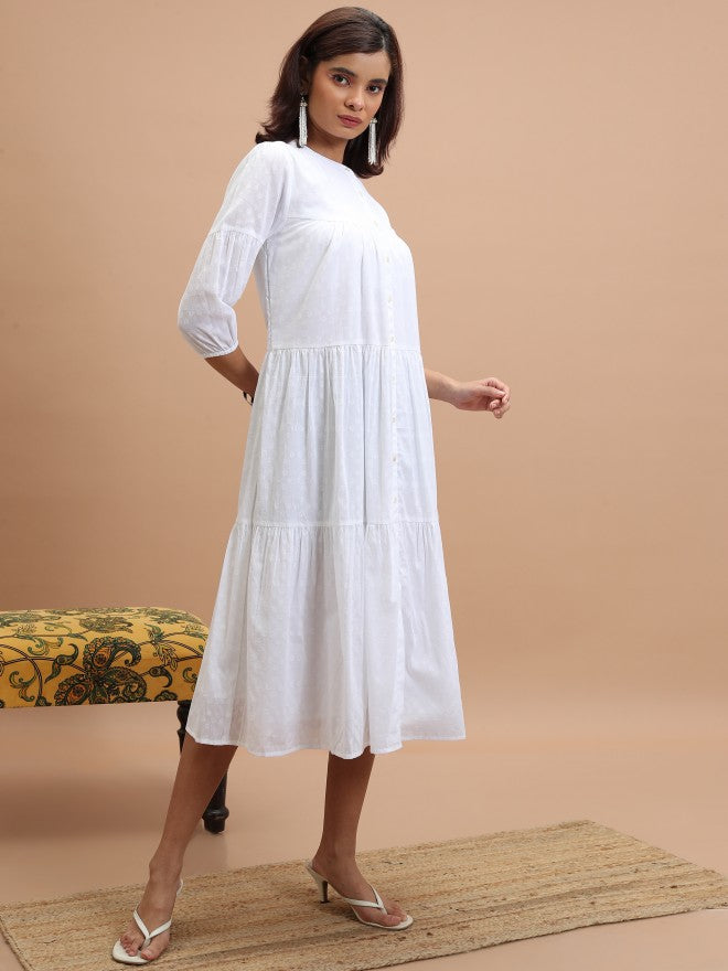 Women White Self Design Fit and Flare Dress
