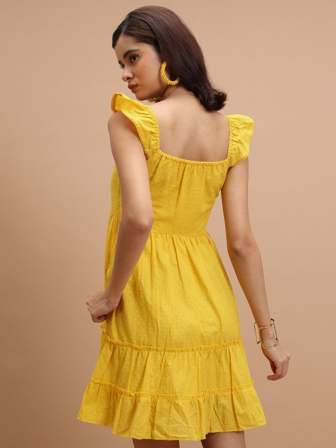 Women Mustard Self Design A-Line Dress