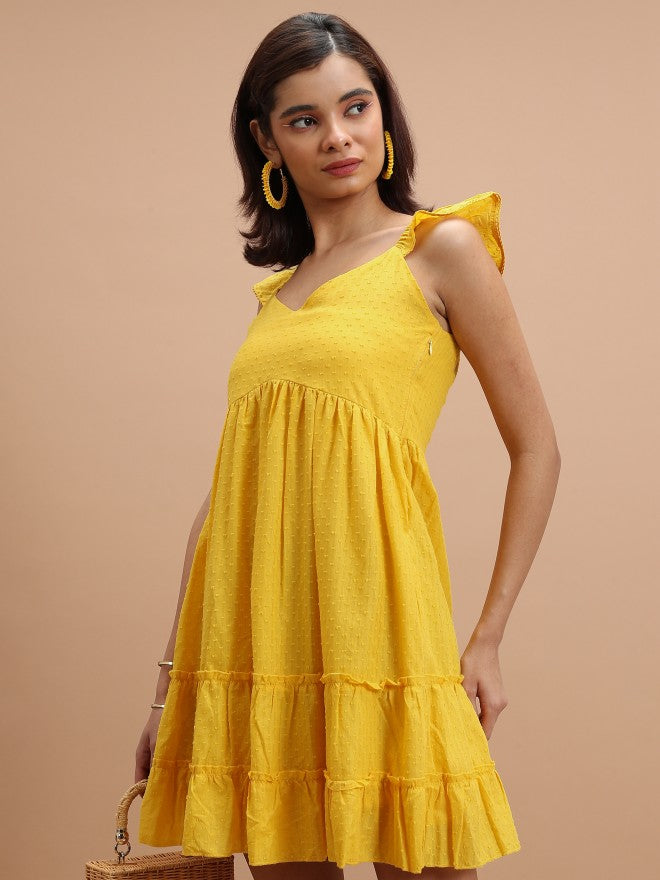 Women Mustard Self Design A-Line Dress